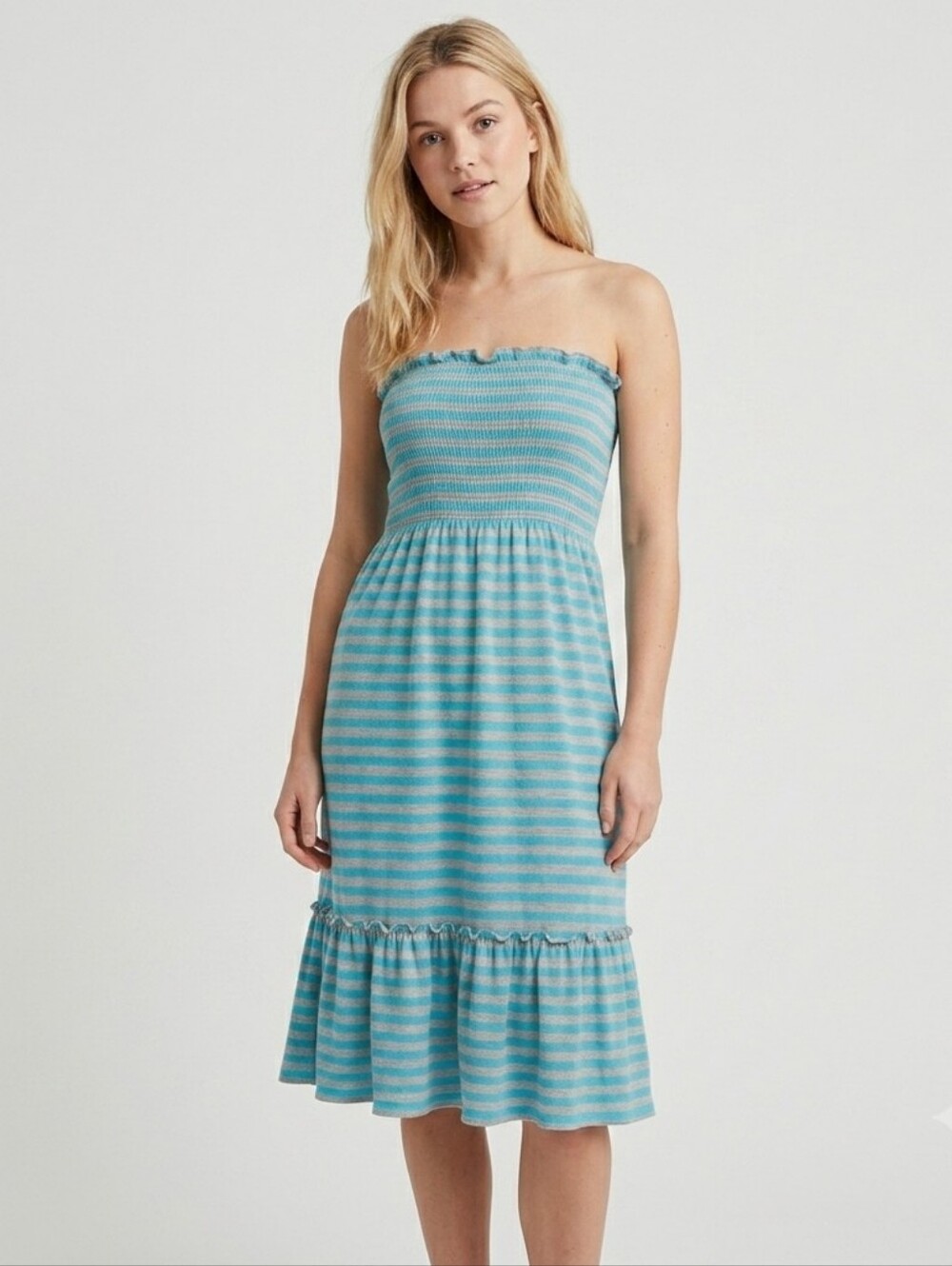 Mix & Co Turquoise/Gray Striped Smocked Tube Dress Small